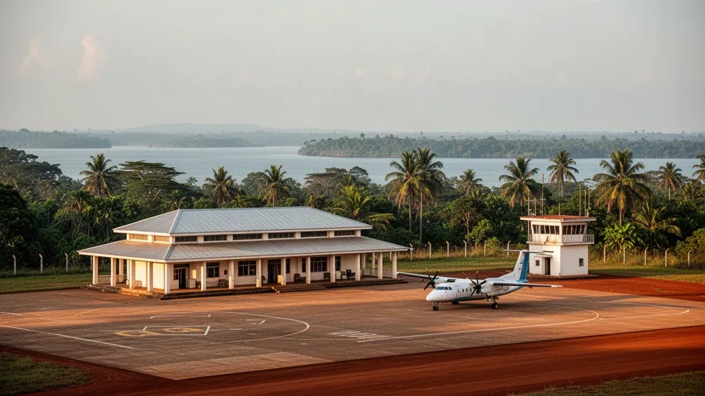 Niedriges tropisches Terminalgebäude, Vorfeld und kleines Pendlerflugzeug am Flughafen Inongo in der Demokratischen Republik Kongo bei warmem Nachmittagslicht.