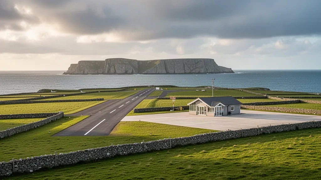 Piste courte sur l'île et petit terminal à l'aérodrome d'Inisheer, sur les îles d'Aran, entourés de murs de pierre et de la côte atlantique