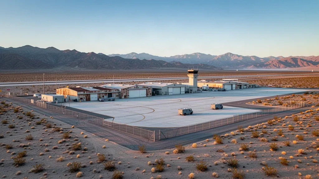 Nevada'daki Creech Hava Kuvvetleri Üssü yakınında beton pisti, hangarları ve kontrol kulesi olan uzak Mojave çölü havaalanı
