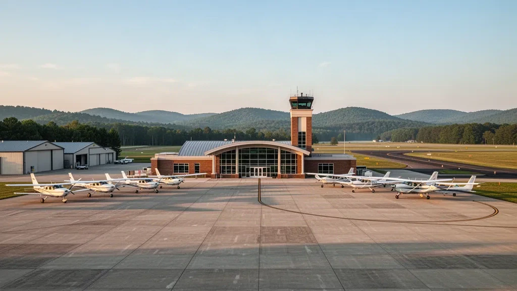 Veduta durante l'ora d'oro del terminal, del piazzale e di aeromobili leggeri presso l'aeroporto Smith Reynolds a Winston-Salem, Carolina del Nord