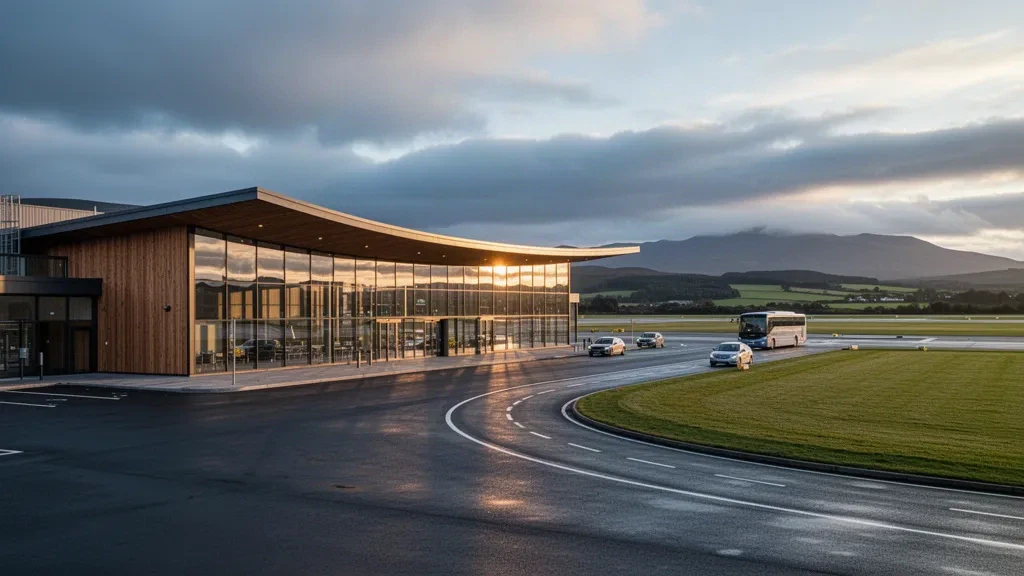 Modernes Terminal aus Glas und Holz am Flughafen Inverness in den schottischen Highlands mit Vorfahrspuren und Hügeln zur goldenen Stunde
