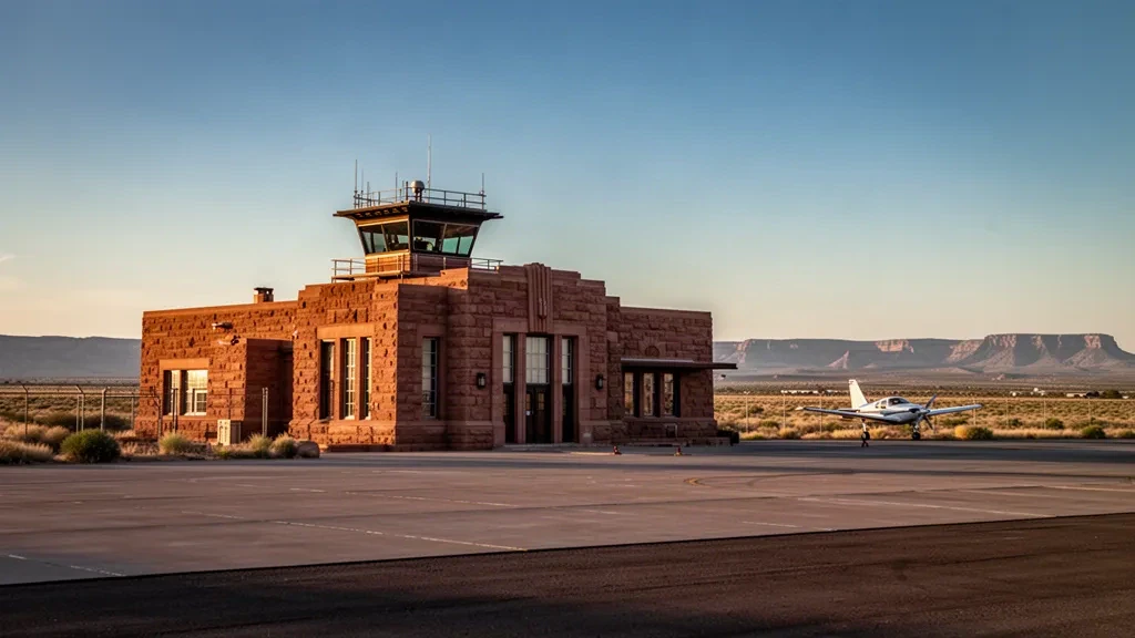Historisches Sandstein-Terminal und Vorfeld in der Wüste am Winslow-Lindbergh Regional Airport im warmen Abendlicht von Arizona