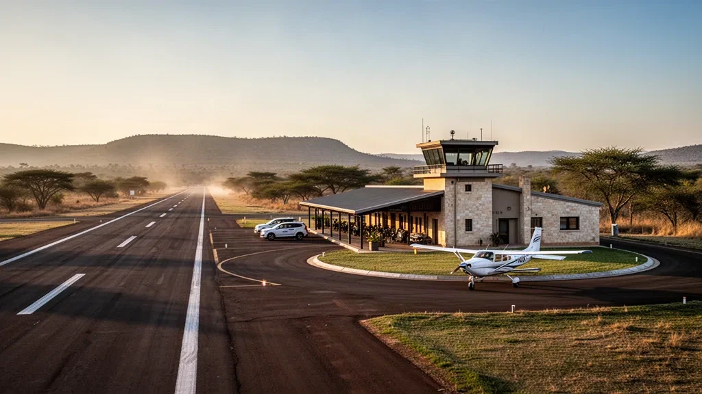 Piccolo campo di aviazione del Lowveld che serve l'aeroporto di Inyati in Sudafrica, con un aereo leggero e un terminal compatto durante l'ora d'oro.