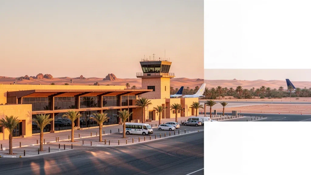 Modernes niedriges Terminal und von Palmen gesäumter Vorplatz am Flughafen In Salah in der algerischen Sahara im warmen Licht der goldenen Stunde