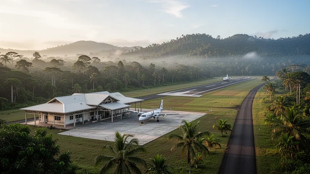 Tropical airstrip and small terminal at Ioma Airport in Papua New Guinea, with a light aircraft and rainforest hills in morning light