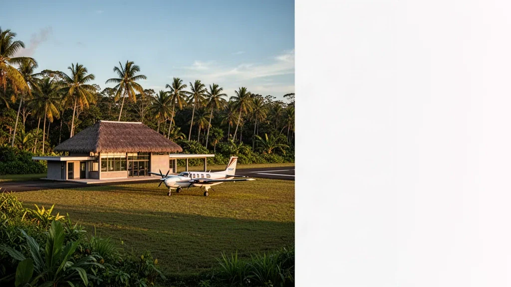 Veduta aerea dell'aeroporto di Iokea in Papua Nuova Guinea con una pista di atterraggio in erba, un piccolo edificio terminal e una lussureggiante vegetazione tropicale.