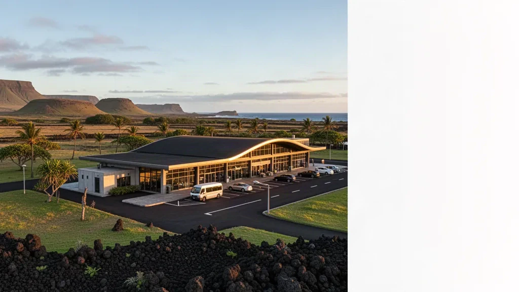 Mataveri International Airport's low-rise terminal on Easter Island, framed by volcanic terrain and Pacific coastline in warm late-afternoon light