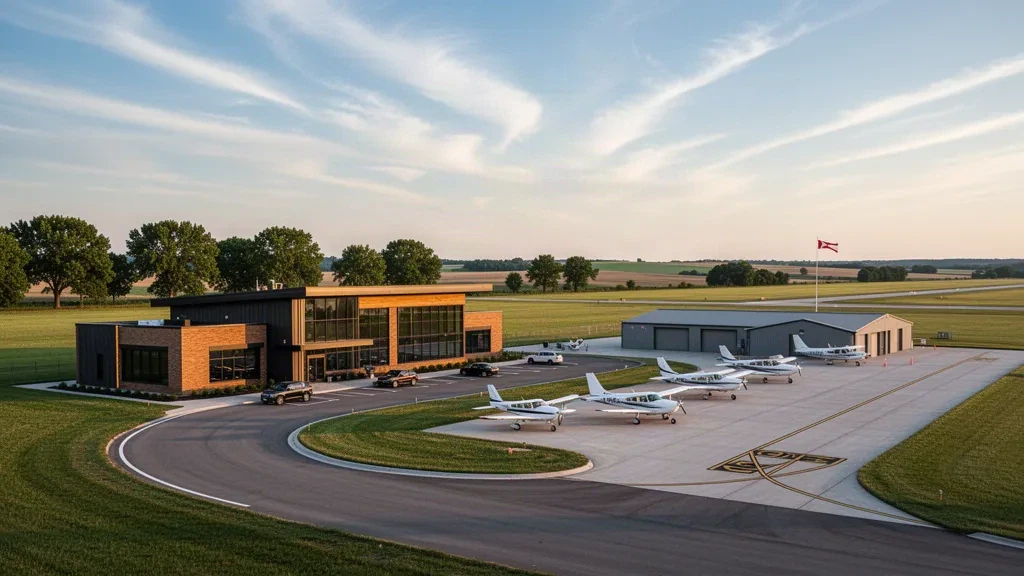 Terminal d'aviation générale moderne et aire de stationnement des aéronefs à l'aéroport municipal d'Iowa City sous une chaude lumière dorée