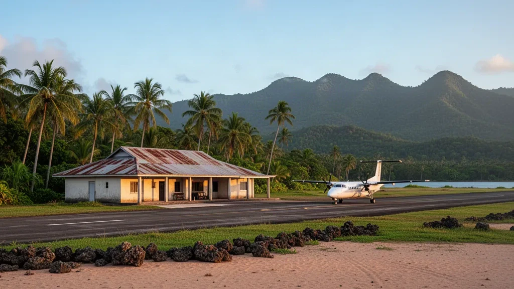 Vanuatu, Erromango Adası'ndaki Ipota Havalimanı pisti; küçük tropikal bir terminal, palmiye ağaçları ve sıcak öğleden sonra ışığında park etmiş hafif bir uçak