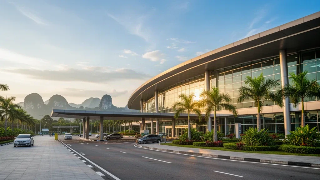 Modern terminal exterior at Sultan Azlan Shah Airport in Ipoh, Malaysia, with tropical greenery and warm evening light.