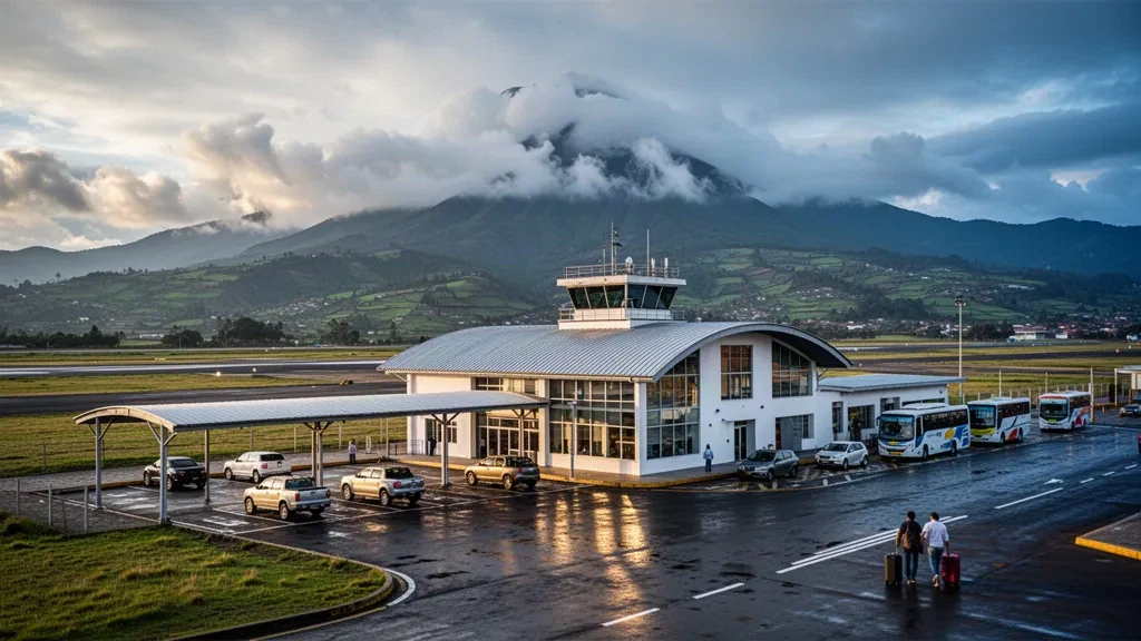 Außenansicht des Flughafens San Luis in Ipiales, Kolumbien, mit gläsernem Terminal, Vorfahrtsspur und grünen Andenhochlandkämmen zur goldenen Stunde