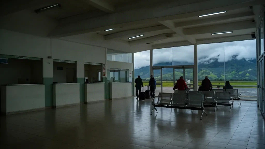 Interior de la pequeña terminal del Aeropuerto San Luis en Ipiales, Colombia, con mostradores de facturación, bancos de espera y vistas andinas a través de las ventanas