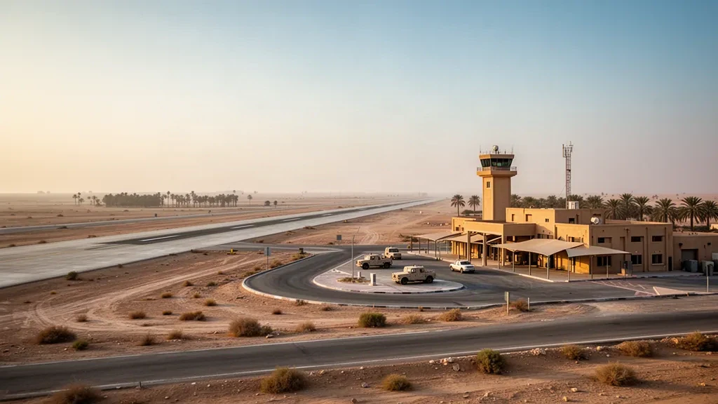 Pista di atterraggio di un aerodromo nel deserto, torre di controllo e strada di accesso durante l'ora d'oro, che rappresentano Al Asad Air Base nella provincia di Anbar, in Iraq