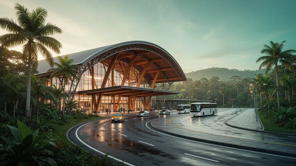Terminal moderne en verre et en bois de l'aéroport d'Iquitos entouré de palmiers et d'une luxuriante forêt amazonienne sous une chaude lumière tropicale