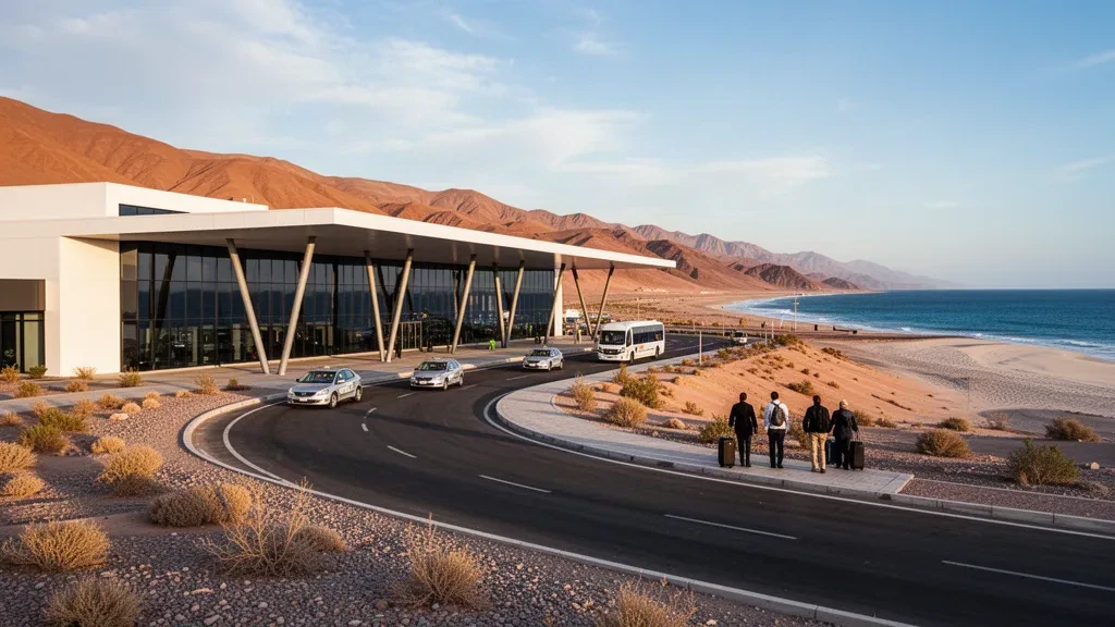 Şili'nin Atacama Çölü kıyısında, Iquique yakınlarındaki Diego Aracena Uluslararası Havalimanı'nda modern terminal binası dış cephesi ve yolcu indirme yolu