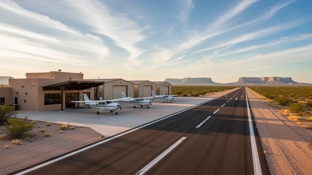 Iraan Municipal Airport apron and runway at golden hour, with low hangars and West Texas desert scrub landscape around.