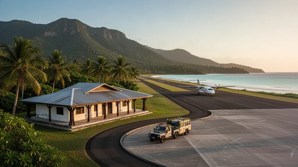 Edificio terminal tropicale e pista in erba all'aeroporto di Ngorangora sull'isola di Makira, Isole Salomone