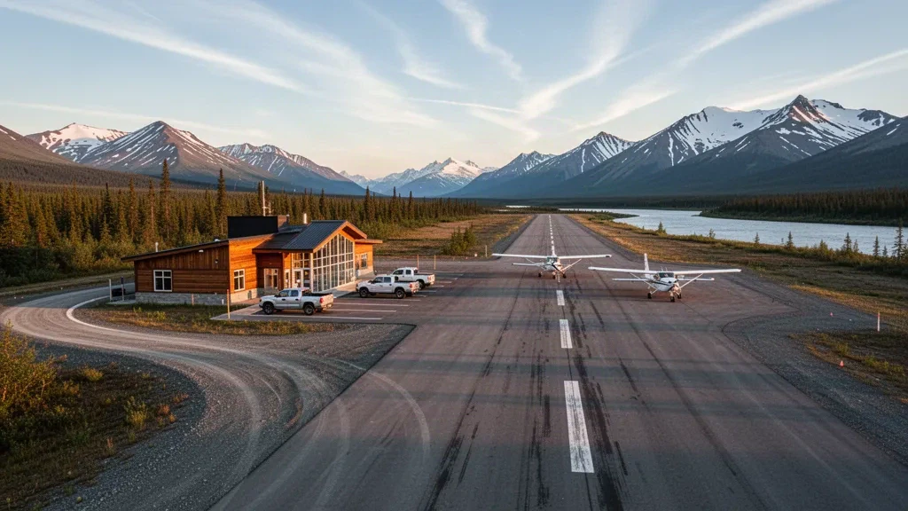 Vista al atardecer del Aeropuerto de Circle City en Alaska, con una pequeña terminal, una pista de grava y aviones bush estacionados en la plataforma.