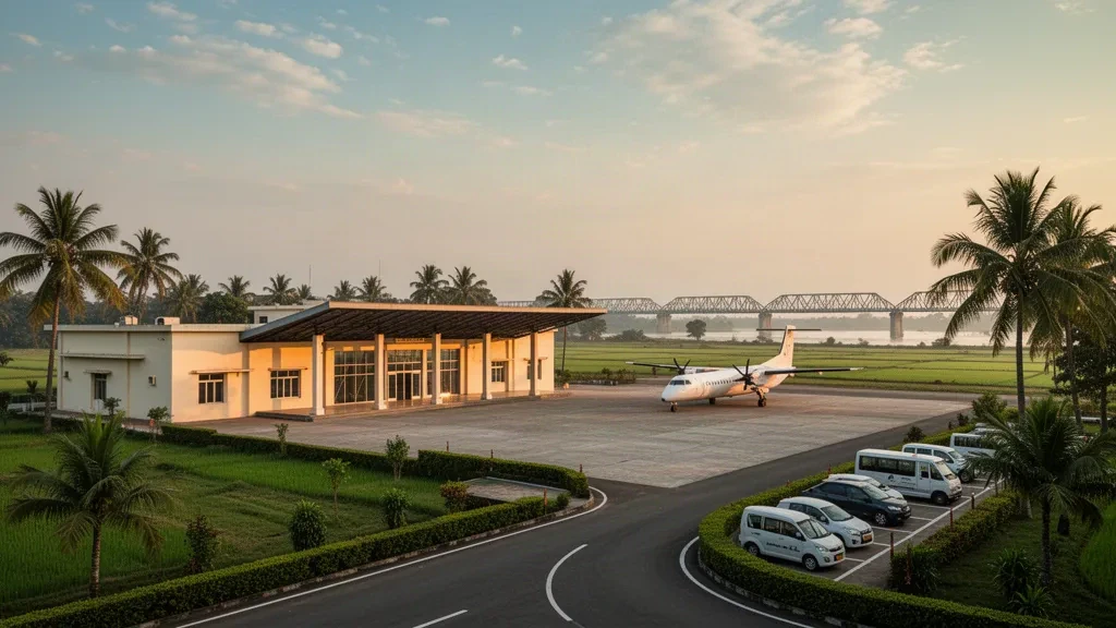 Flaches Terminal, Vorfeld und von Palmen gesäumte Vorfahrtspur am Flughafen Ishwardi in Bangladesch im warmen Licht der goldenen Stunde