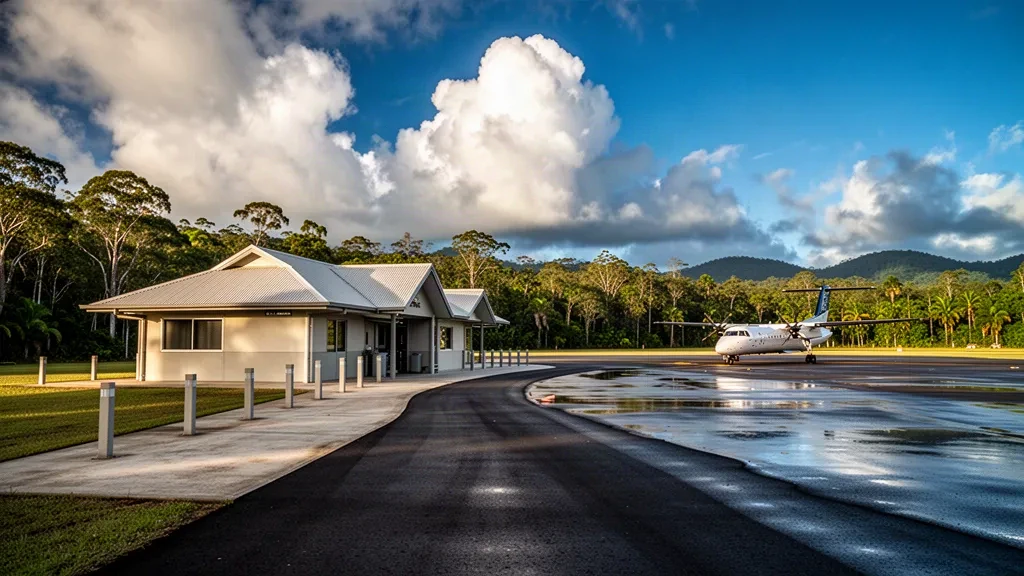 Terminal tropical isolé et aire de trafic à l'aéroport de Lockhart River, dans la péninsule du cap York, Queensland, sous les nuages de la saison des pluies