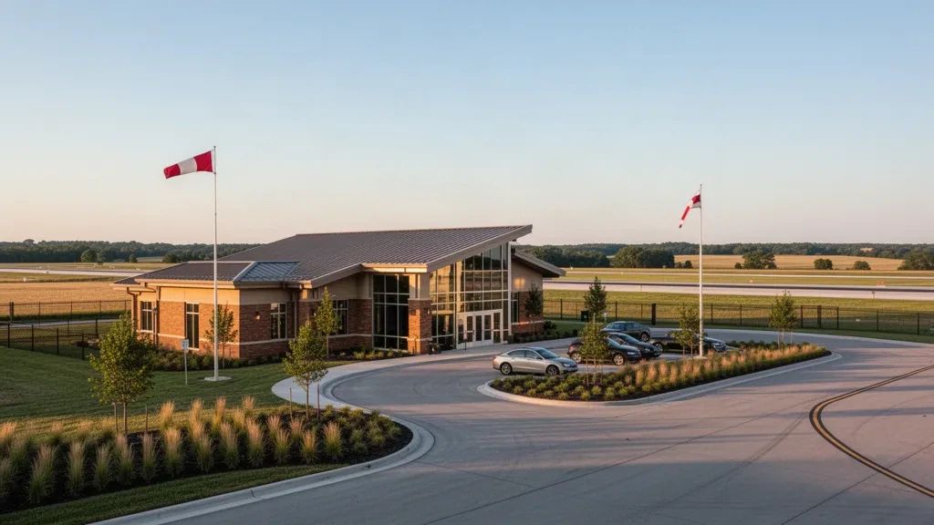 Modernes Glas-Terminal und Vorfahrtbereich am Kirksville Regional Airport in Missouri an einem Nachmittag im goldenen Licht