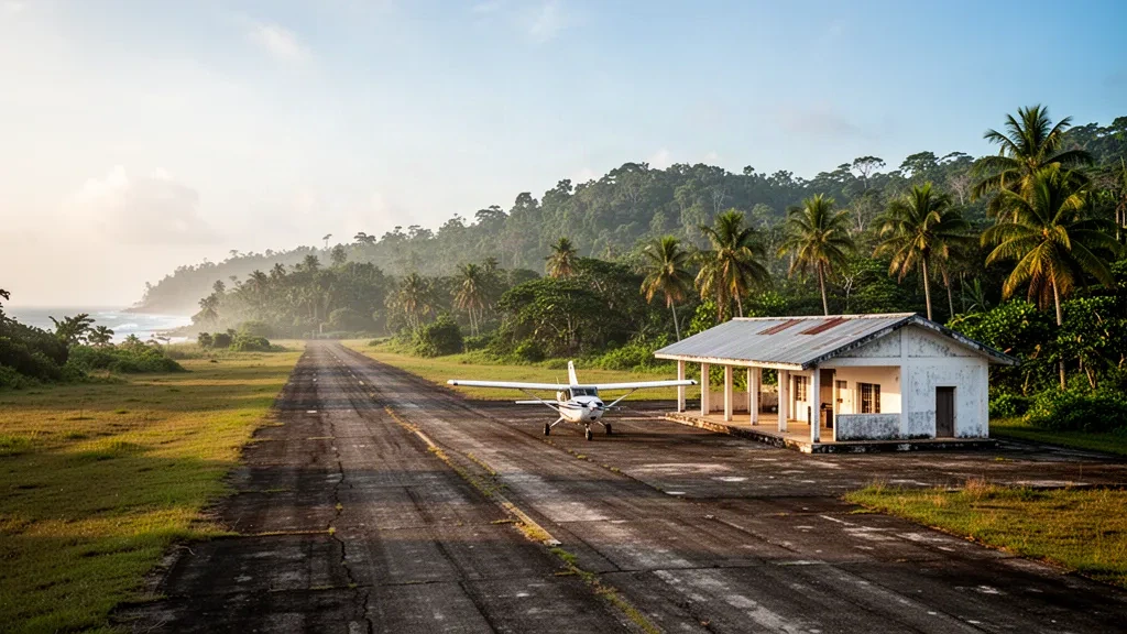 Kleine tropische Landebahn am Flughafen Iriona in Honduras mit schmaler Start- und Landebahn, Palmen und einem abgestellten leichten Flugzeug in goldenem Licht.
