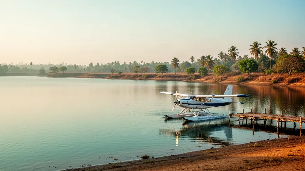 Hydravion amarré sur les eaux calmes du réservoir d'Iranamadu au lever du soleil, entouré de broussailles tropicales sri-lankaises et de palmiers
