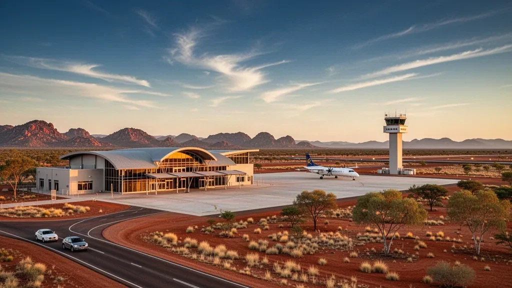 Modern regional airport terminal at Mount Isa in outback Queensland, with red-earth landscape, parked aircraft and golden-hour light