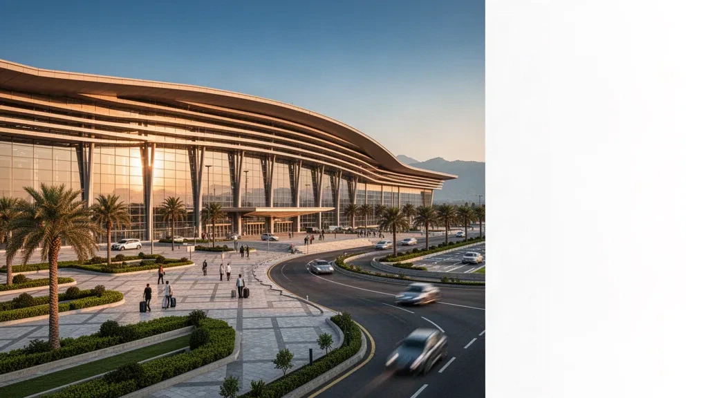 Exterior moderno de terminal con cristaleras en el Aeropuerto Internacional de Islamabad con líneas de techo curvas, carriles de descenso y vías de acceso a la hora dorada