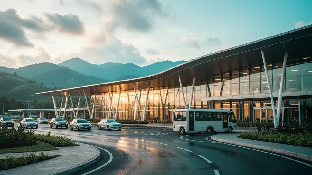 Modern glass airport terminal exterior at golden hour with a curved drop-off lane, parked cars and green mountains behind