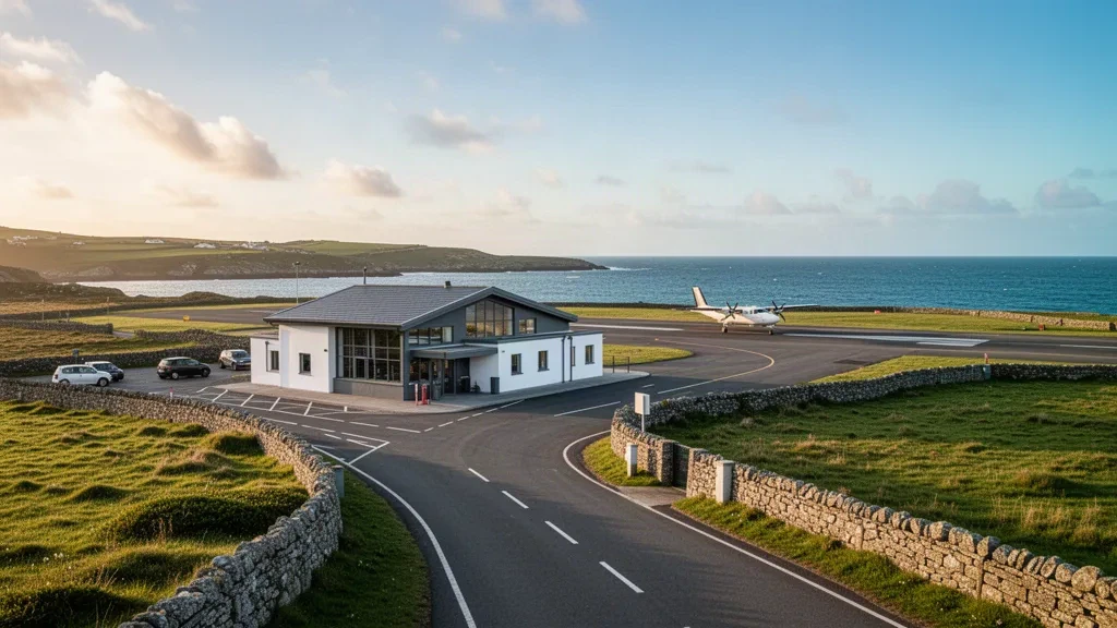 Terminal de l'aéroport de St Mary's sur les îles Scilly avec vues côtières et un petit avion sur le tarmac.