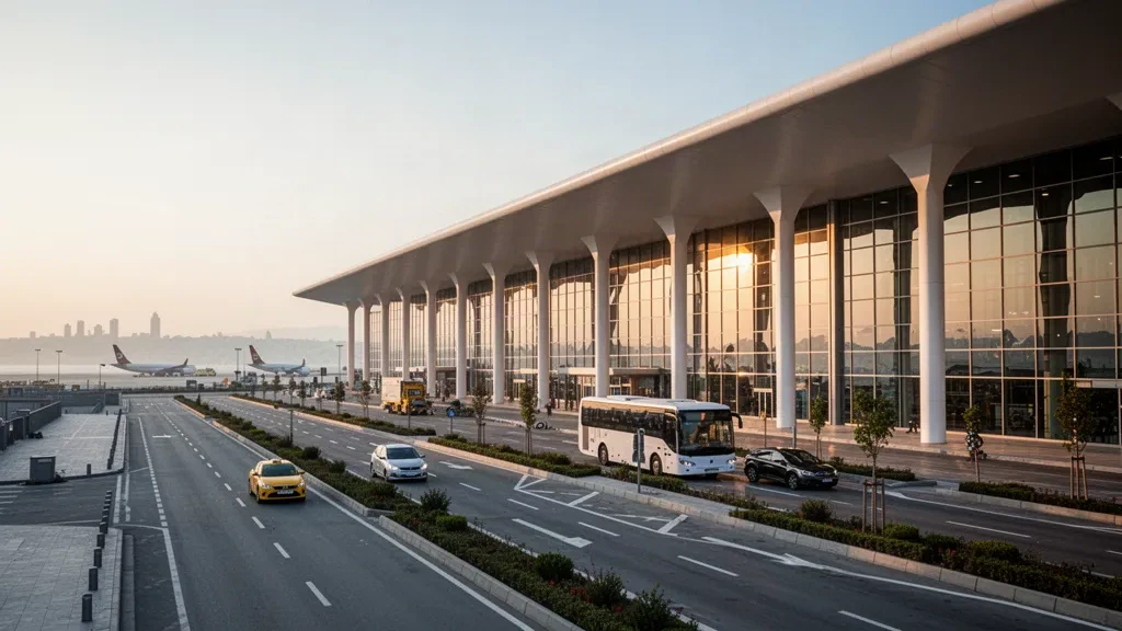 Modern glass terminal exterior and drop-off lanes at İstanbul Atatürk Airport during golden hour