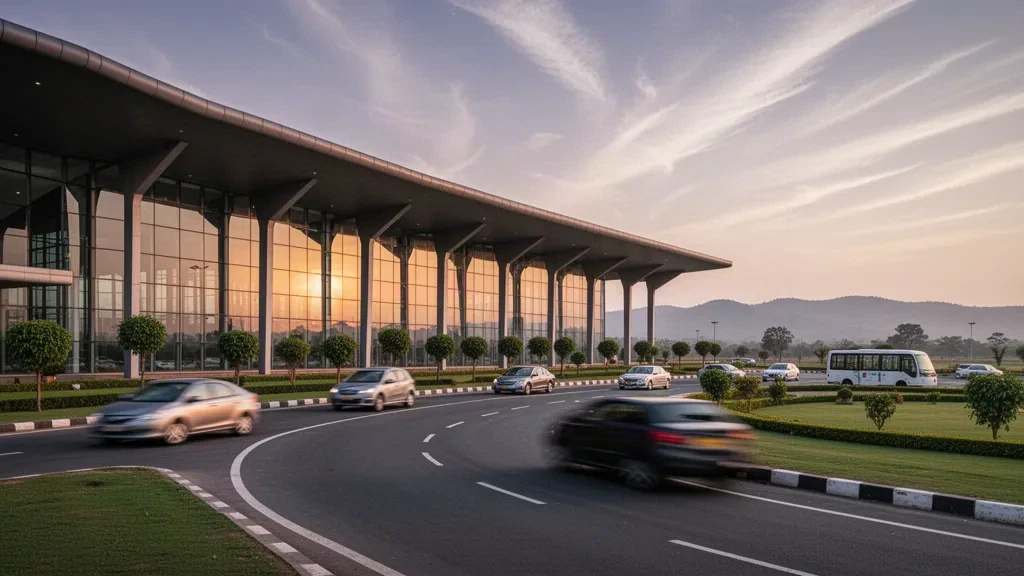 Extérieur moderne en verre du terminal de l'aéroport international de Nashik dans une lumière dorée chaleureuse, avec un parvis paysager et un ciel dégagé