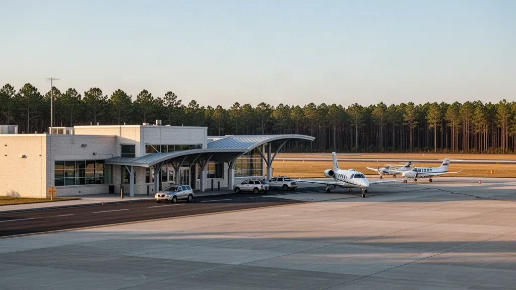 Blick zur goldenen Stunde auf das Terminal und das Vorfeld mit Flugzeugen am Kinston Regional Jetport at Stallings Field