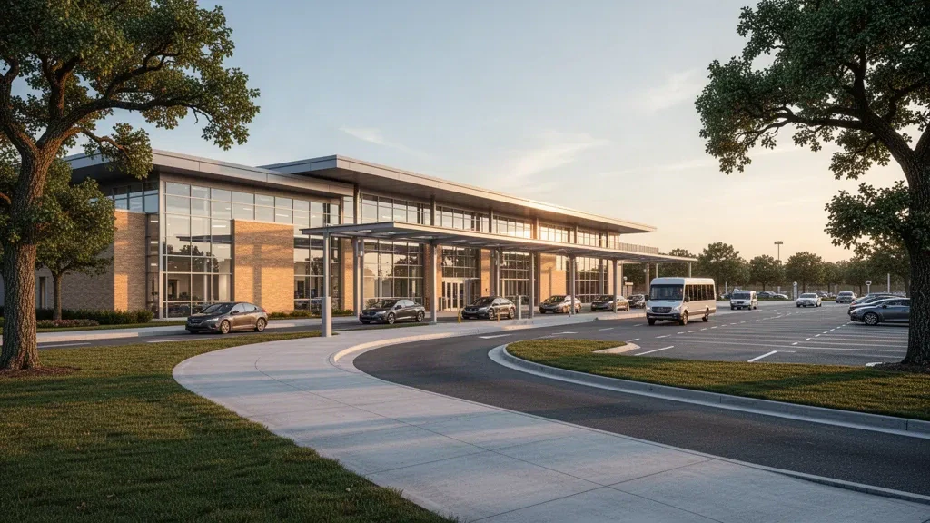 Moderner Terminal aus Glas und Ziegeln am Long Island MacArthur Airport mit einer Vorfahrtspur am Straßenrand in warmem Licht zur goldenen Stunde