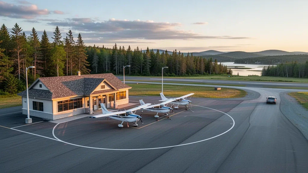Single-engine planes on the apron of a small coastal Maine general aviation airfield near Wiscasset at golden hour