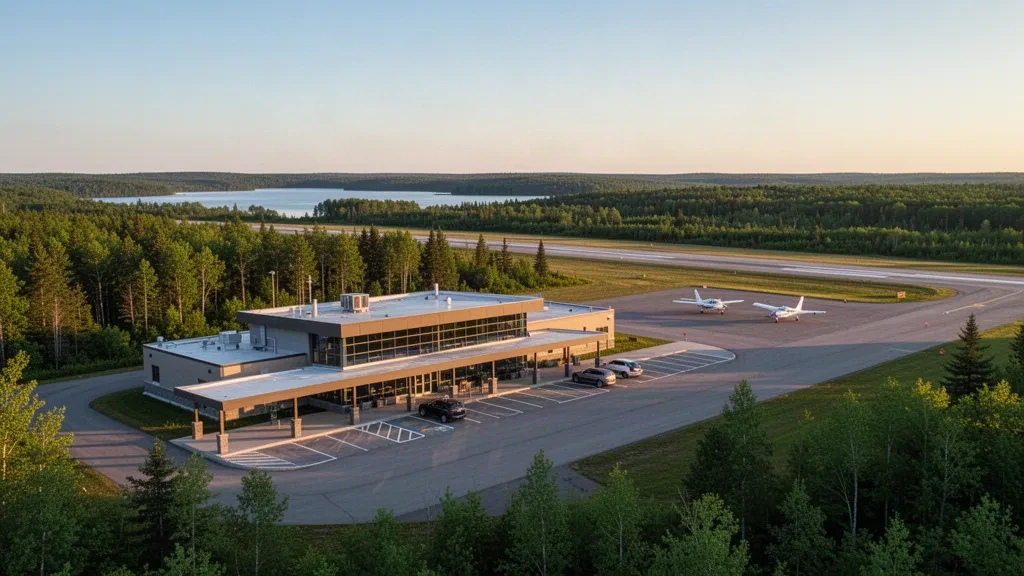 Michigan, Manistique'teki Schoolcraft County Havaalanı'nda küçük havaalanı terminali ve pist, açık havada genel havacılık uçakları.