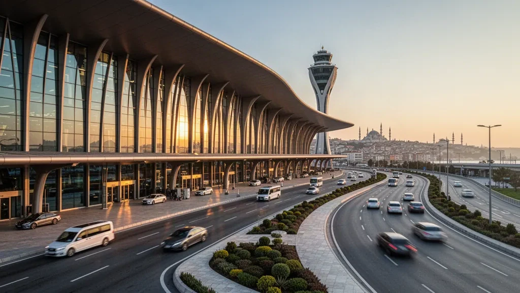 Modern glass terminal exterior at Istanbul Airport with sweeping curved roof and access roads at golden hour