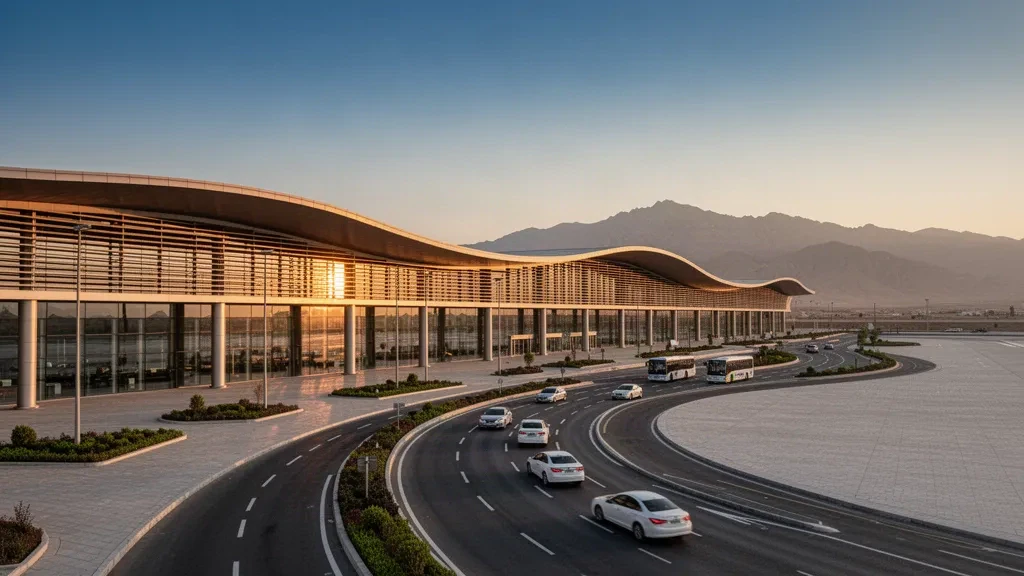 Esterno moderno del terminal in vetro e strada di accesso curva all'Aeroporto Internazionale Jalal Talabani a Sulaymaniyah, Iraq, durante l'ora d'oro