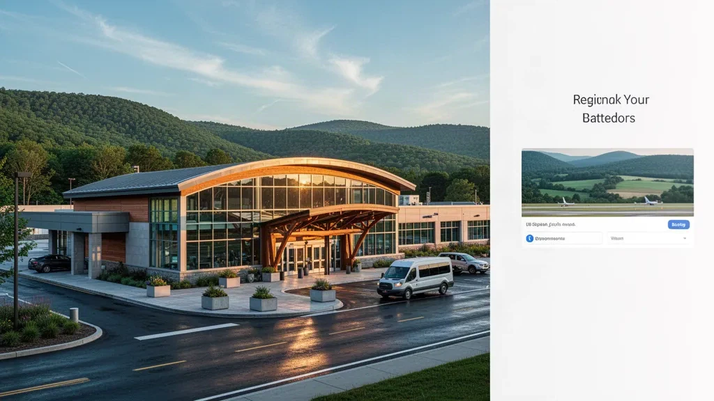 Modern glass terminal exterior and curbside drop-off lane at Ithaca Tompkins Regional Airport in upstate New York at golden hour