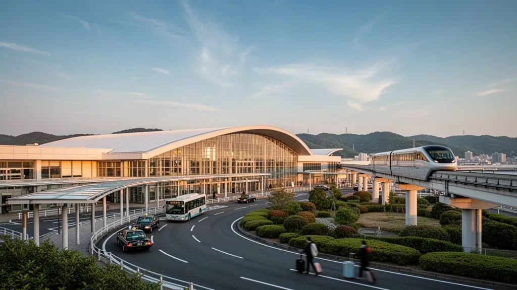 Moderne Glasfassade des Terminals am internationalen Flughafen Osaka Itami mit geschwungenem Dach, Taxi-Haltebereichen und warmem Licht zur goldenen Stunde