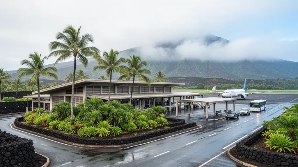 Offenes tropisches Terminal und palmengesäumtes Vorfeld am Hilo International Airport in Hawaii im sanften Morgenlicht