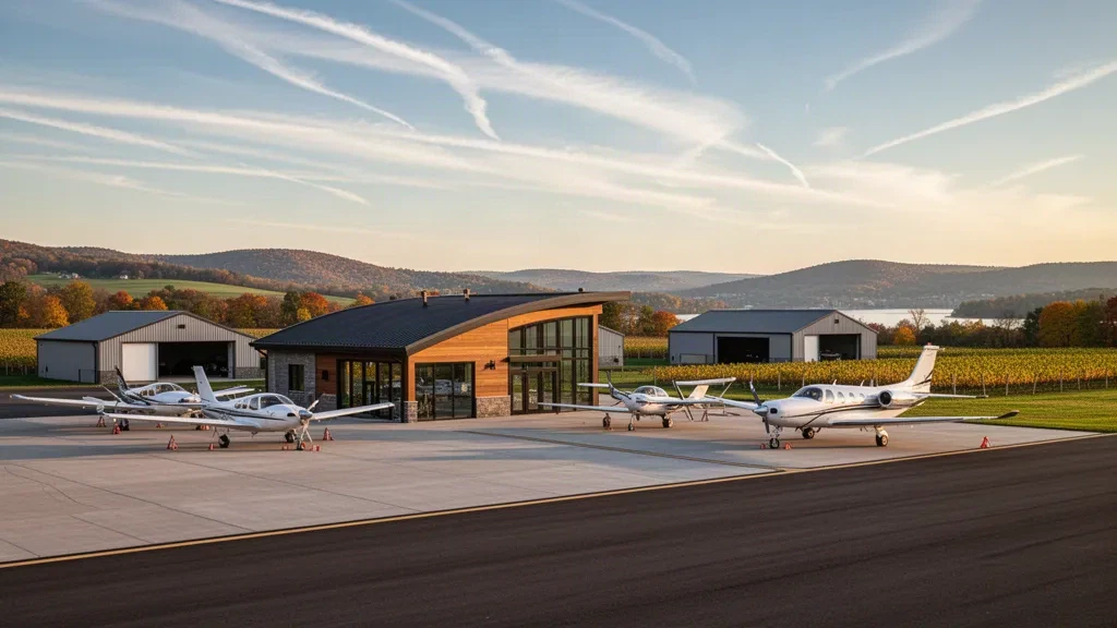Terminal et tarmac de l'aéroport de Canandaigua avec des aéronefs d'aviation générale dans la région des Finger Lakes à l'heure dorée