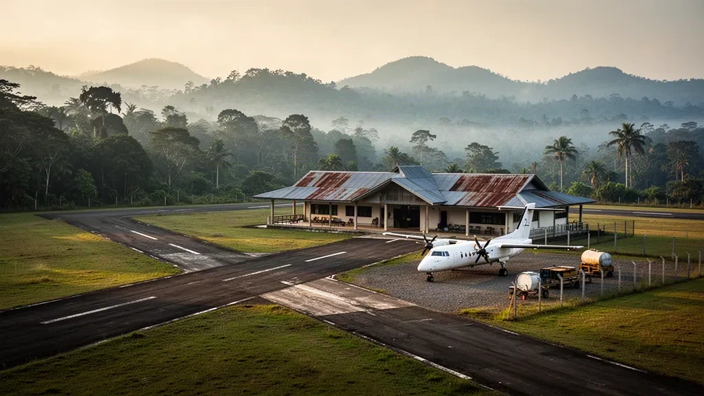 Aeropuerto remoto de Ilu en las tierras altas de Papúa, con una pista corta, un pequeño turbohélice y montañas verdes brumosas al amanecer