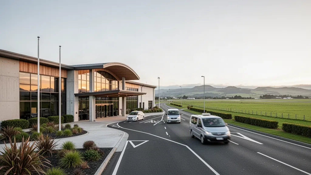 Modern glass terminal and kerbside drop-off forecourt at Invercargill Airport in Southland, New Zealand, in soft golden-hour light