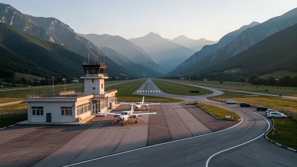 Piccolo campo di aviazione regionale vicino a Berane, Montenegro, con aerei leggeri sul piazzale e creste montuose sullo sfondo durante l'ora d'oro.