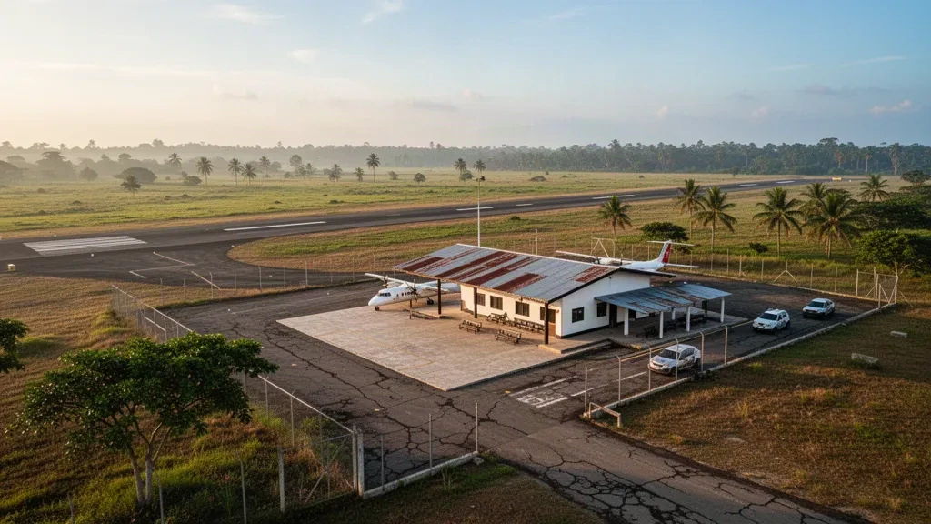 Chivolo Airport in Colombia with a small tropical runway, modest terminal and parked regional aircraft at golden hour