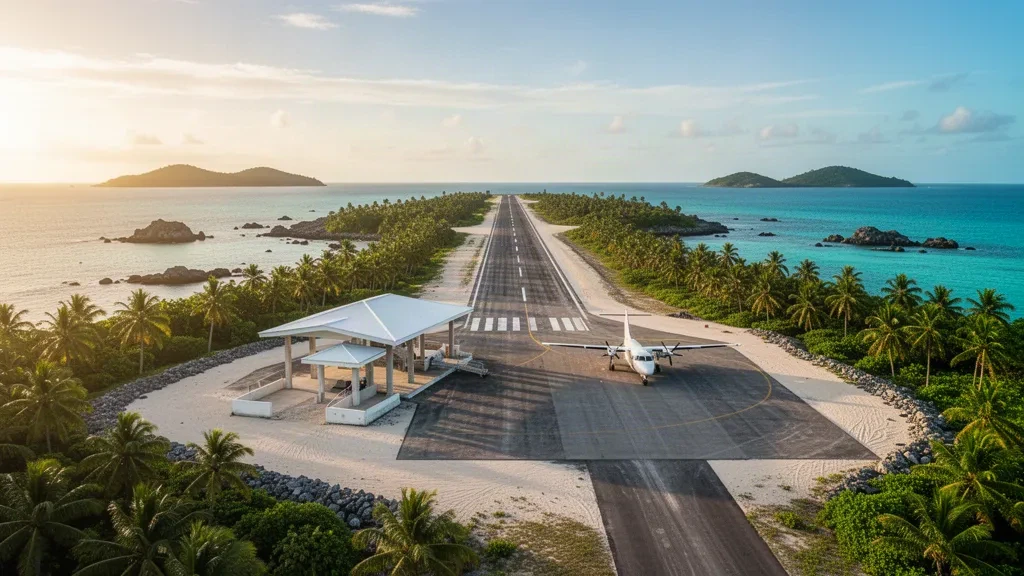Panama'daki Isla Viveros Havalimanı'nda palmiyelerle çevrili, ötesinde Pasifik Okyanusu görünen tropikal ada pisti ve küçük terminal