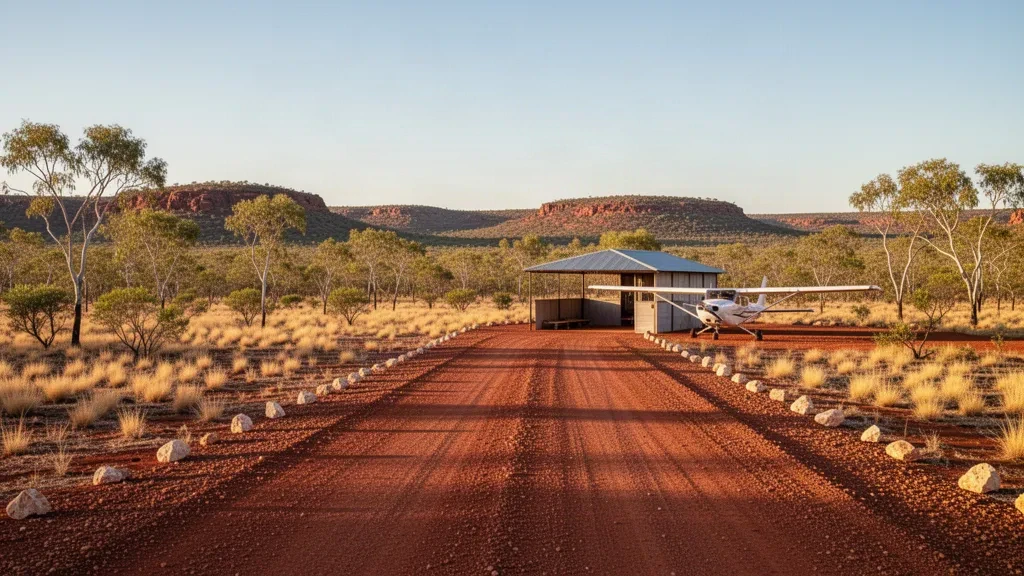 Remote outback airstrip serving Inverway Airport in the Northern Territory, with a red earth runway and dry savanna at golden hour