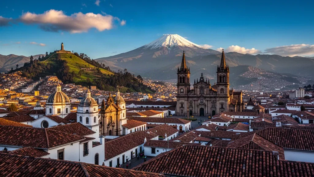 Toits du centre historique colonial de Quito à l'heure dorée, avec les Andes et le volcan Cotopaxi enneigé en arrière-plan